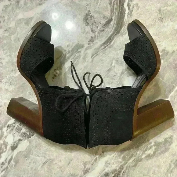 Gianni Bini Shoes Womens Size 9.5 Black Block Heel Lace Leather Peep Toe Cutout - Picture 3 of 12